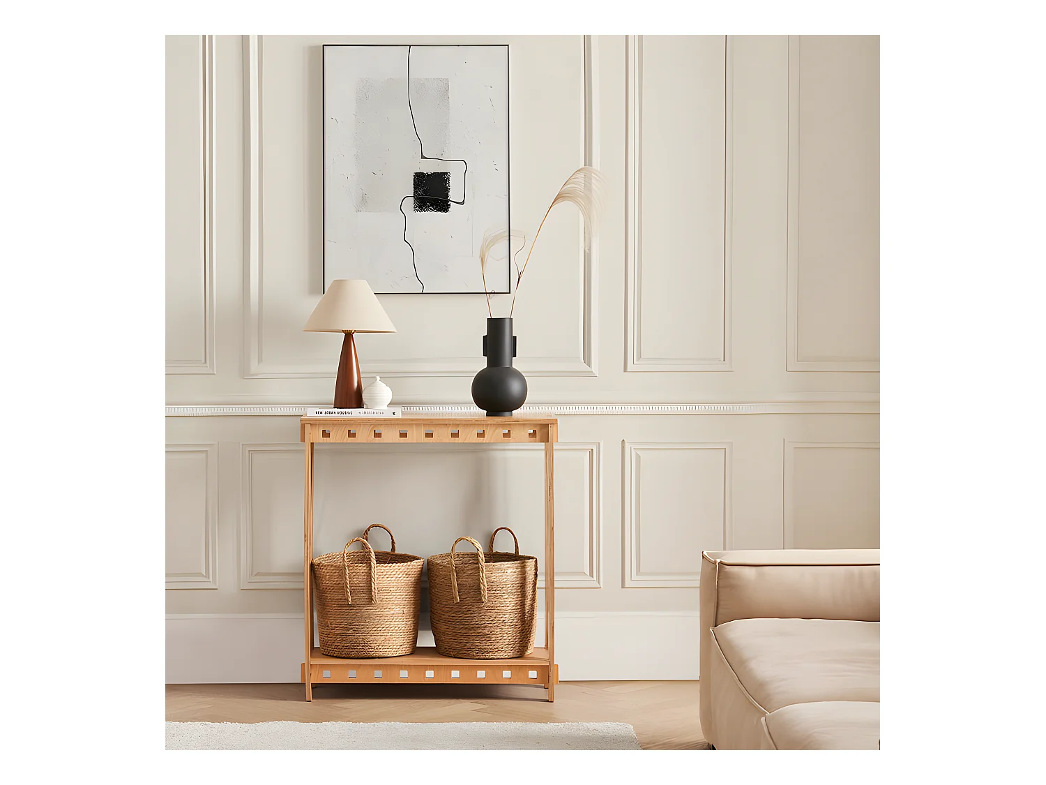 SoBuy Houten consoletafel, design entreeconsole, bankuiteinden, decoratieve tafel voor woonkamer, hal, slaapkamer, 80 x 30 x 87,5 cm, pen- en gatstructuur, HFSB01-N