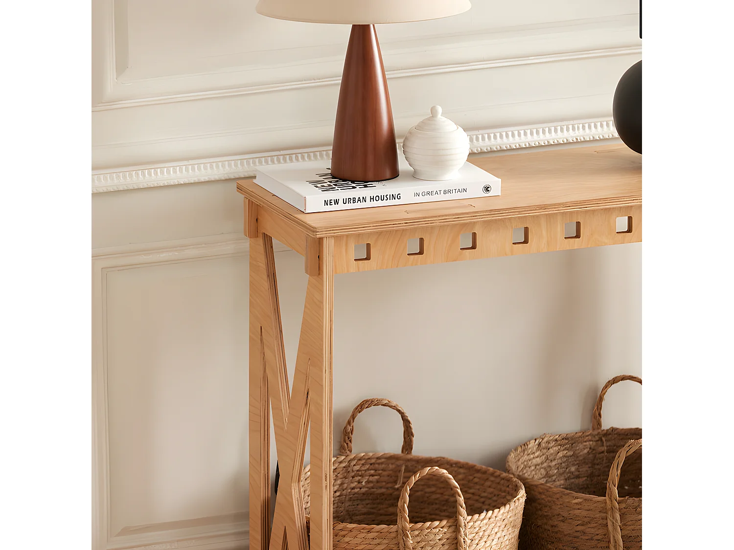 SoBuy Houten consoletafel, design entreeconsole, bankuiteinden, decoratieve tafel voor woonkamer, hal, slaapkamer, 80 x 30 x 87,5 cm, pen- en gatstructuur, HFSB01-N