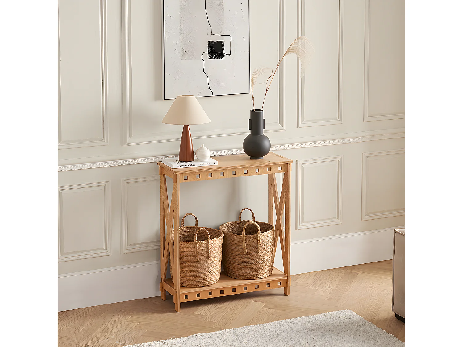 SoBuy Houten consoletafel, design entreeconsole, bankuiteinden, decoratieve tafel voor woonkamer, hal, slaapkamer, 80 x 30 x 87,5 cm, pen- en gatstructuur, HFSB01-N