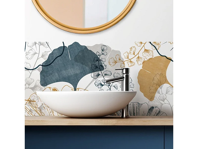 Crédence adhésive pour salle de bain en PVC floral doré et bleu 140x30 cm (en 2 bandeaux)