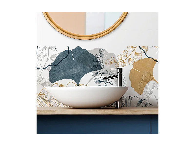 Crédence adhésive pour salle de bain en PVC floral doré et bleu 140x30 cm (en 2 bandeaux)