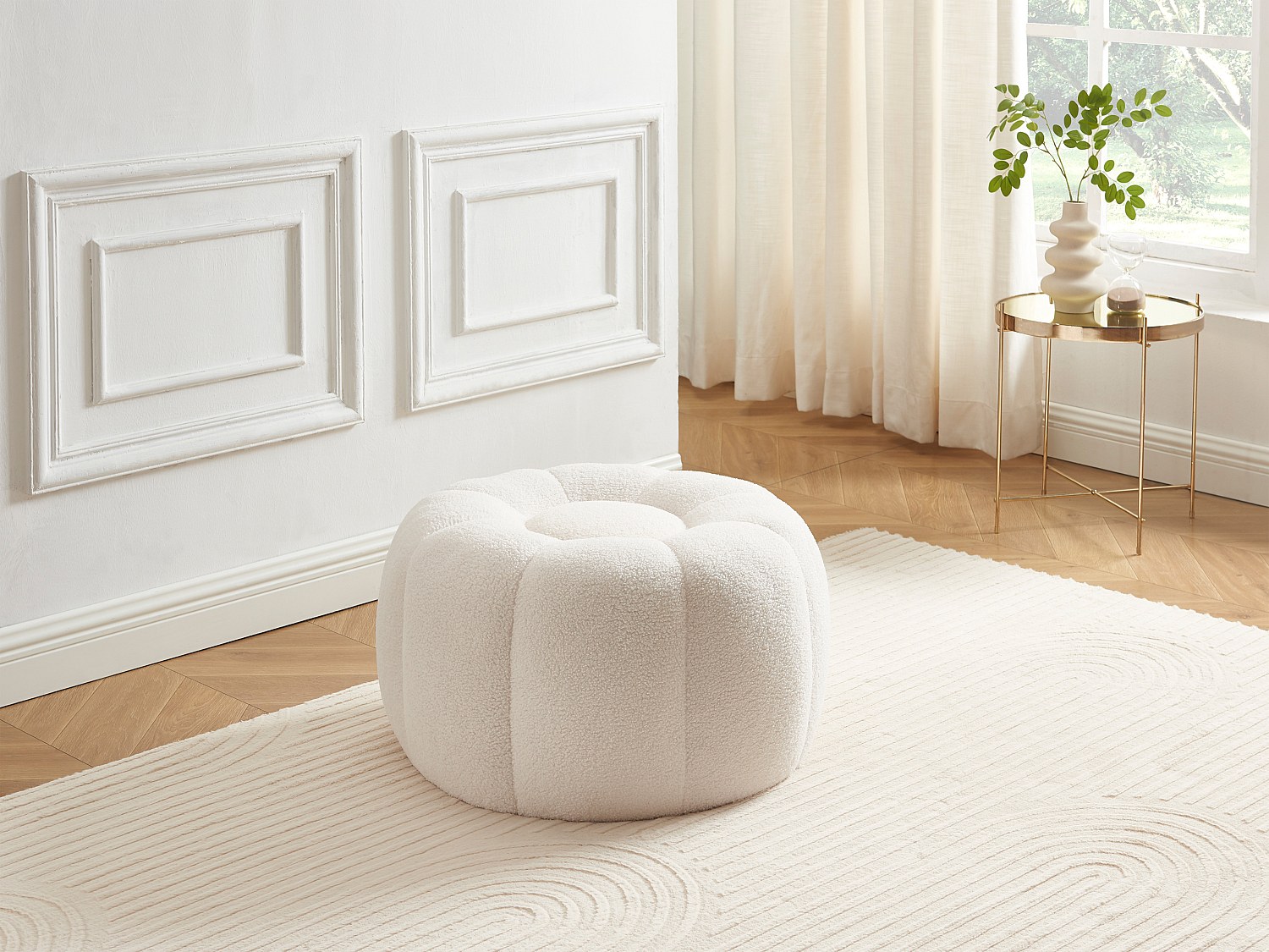 Hocker - Blumen-Design - Bouclé-Stoff - Weiß - DELPODA