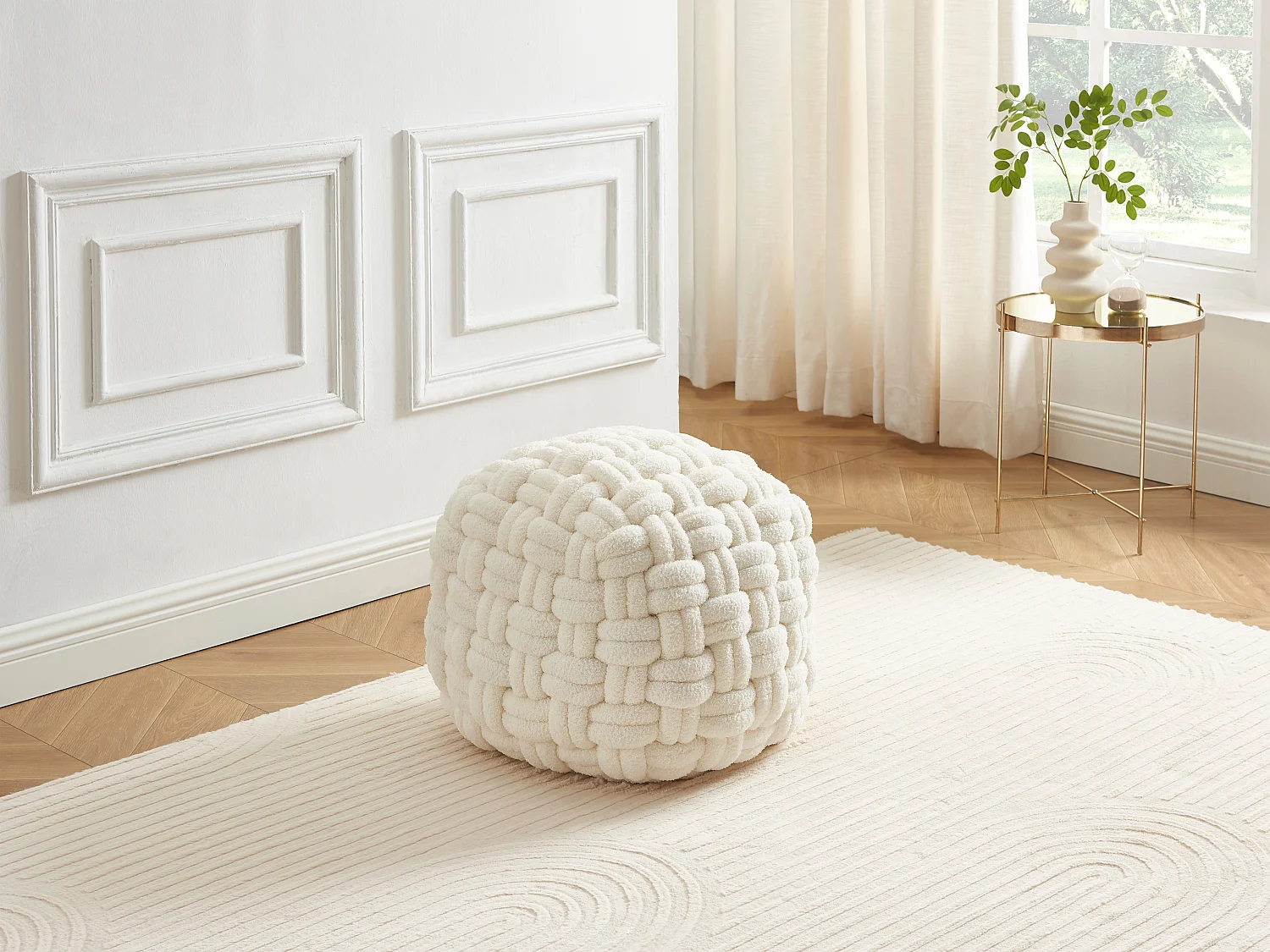 Pouf design noeud en tissu bouclette blanc NOBAO