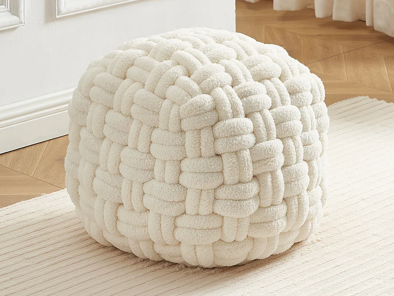 Pouf design noeud en tissu bouclette blanc NOBAO