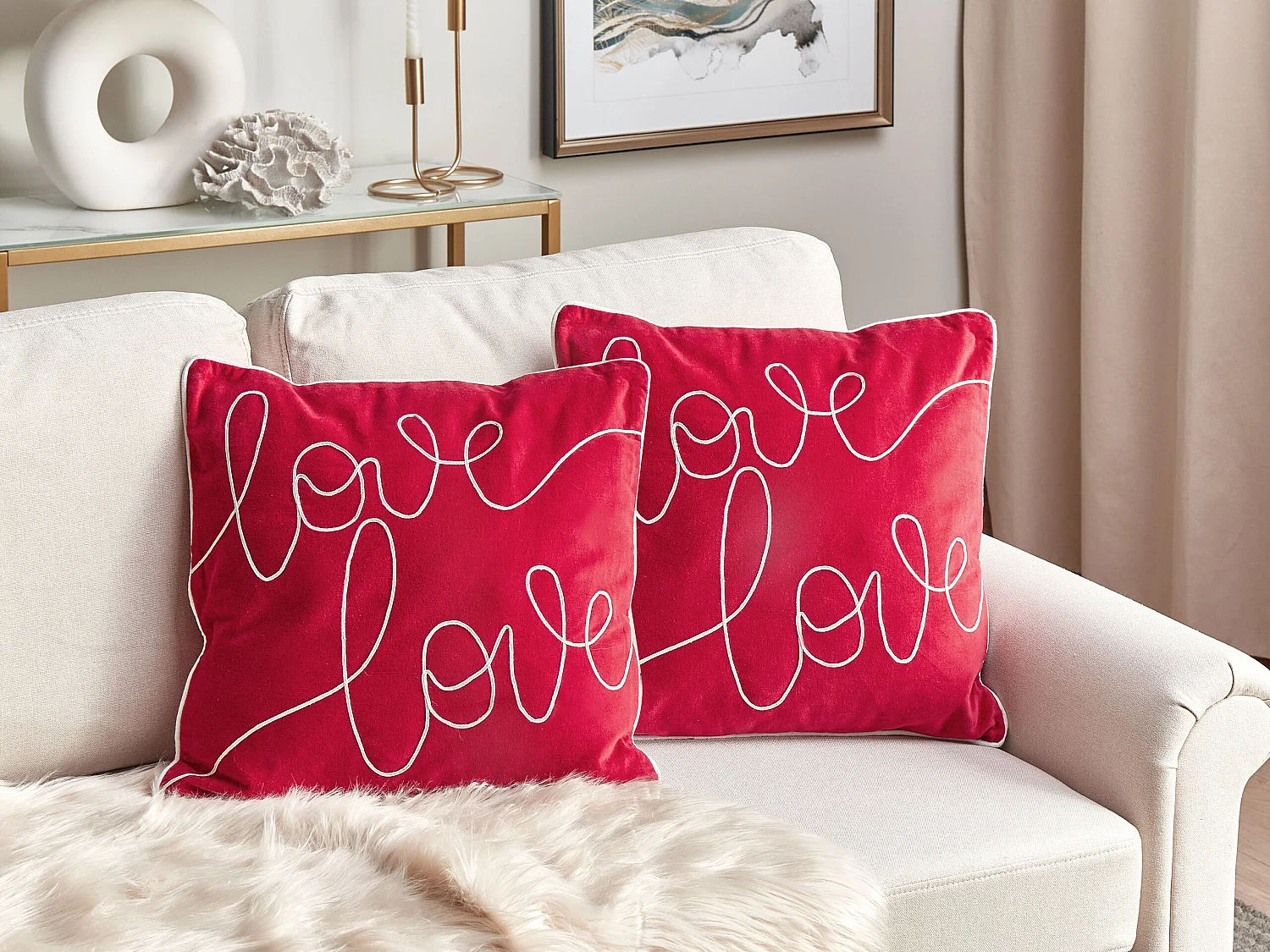 Lot de 2 coussins décoratifs SIDERASIS Velours 45 x 45 cm Rouge Texte