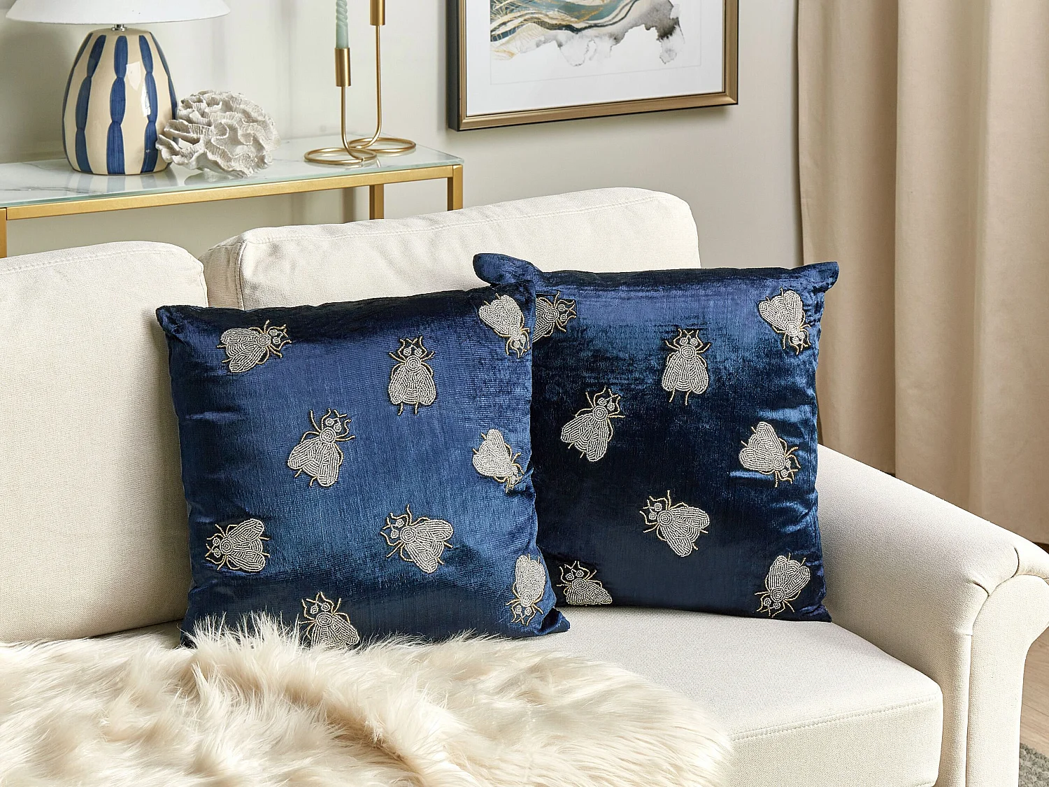 Lot de 2 coussins décoratifs PENTAS Velours 45 x 45 cm Bleu marine Motif animal