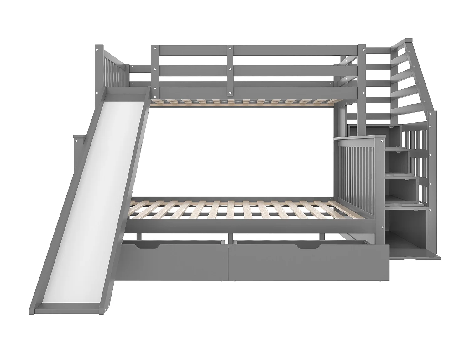 Lit superposé en bois massif - 90x200cm + 140x200cm - avec escalier de rangement et toboggan - Gris