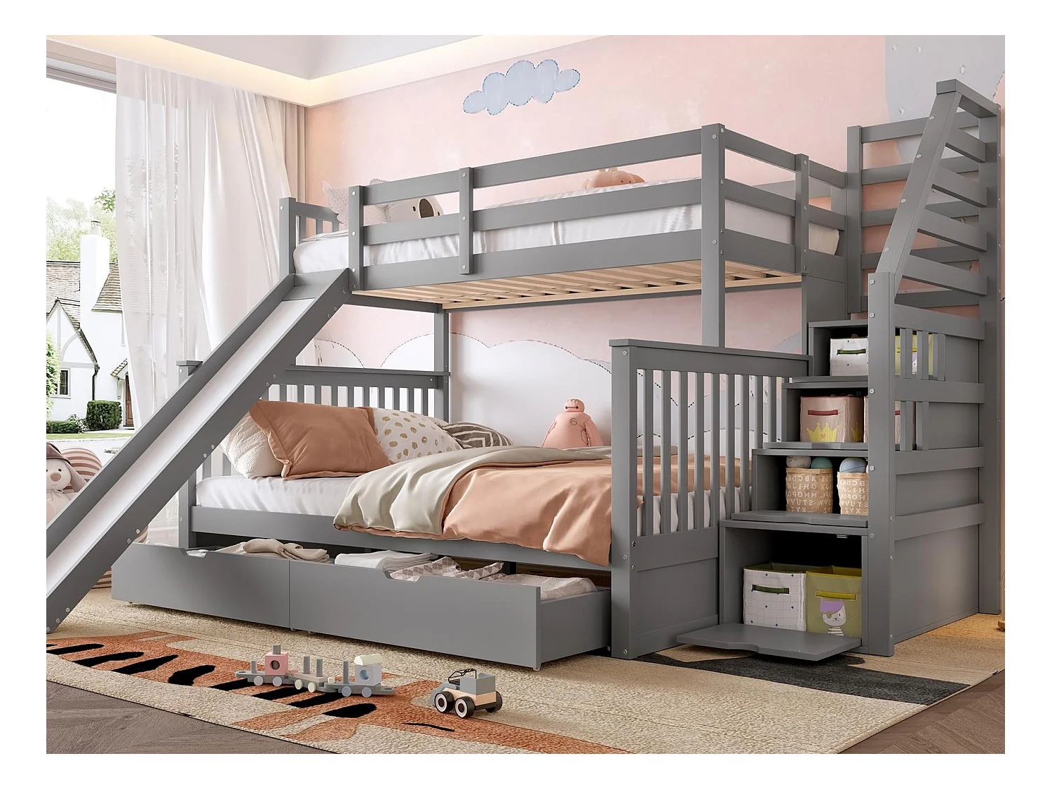 Lit superposé en bois massif - 90x200cm + 140x200cm - avec escalier de rangement et toboggan - Gris