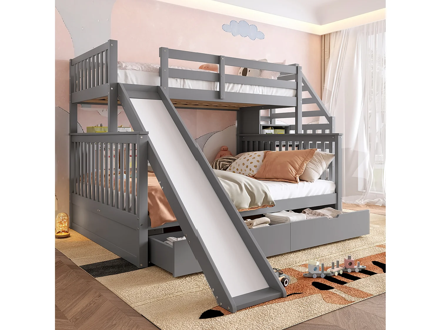 Lit superposé en bois massif - 90x200cm + 140x200cm - avec escalier de rangement et toboggan - Gris