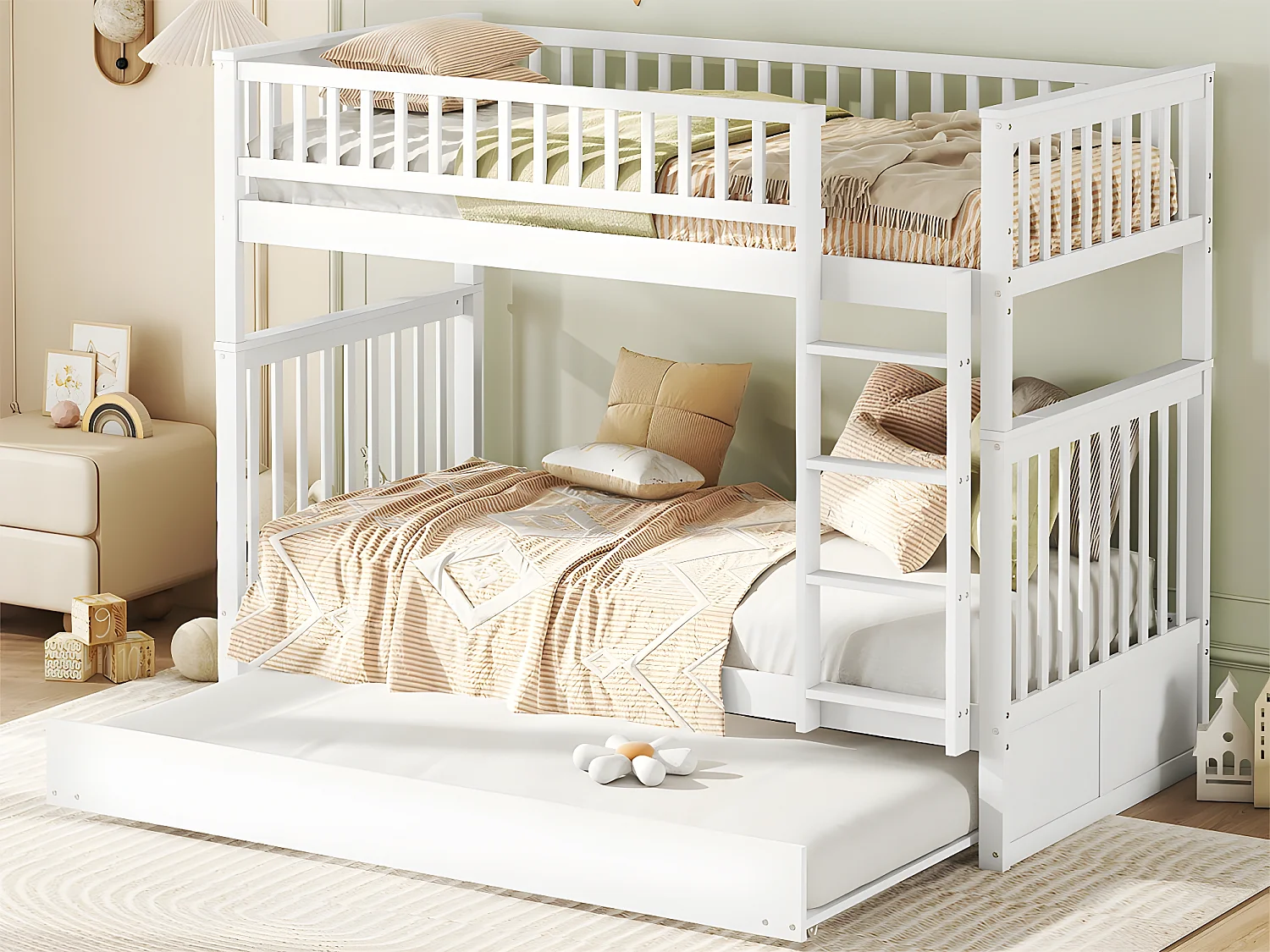 Letto a castello 2x90x200 cm con letto estraibile 90x190 cm - con sponda e scala - Bianco