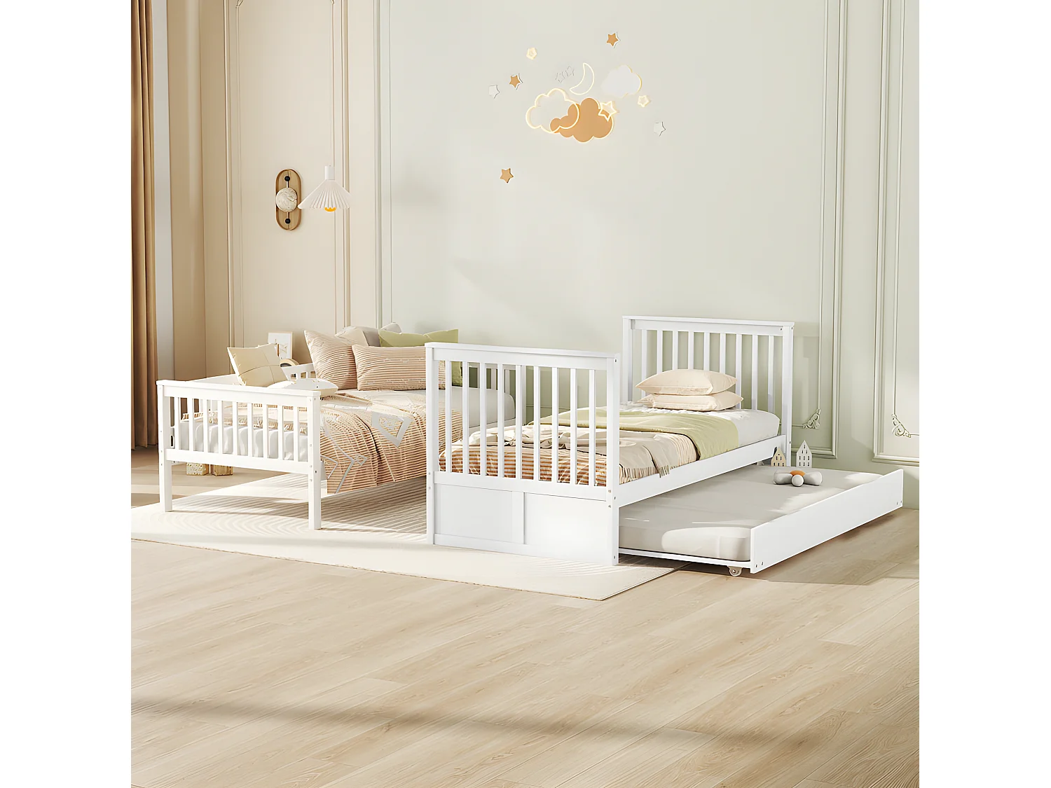 Letto a castello 2x90x200 cm con letto estraibile 90x190 cm - con sponda e scala - Bianco