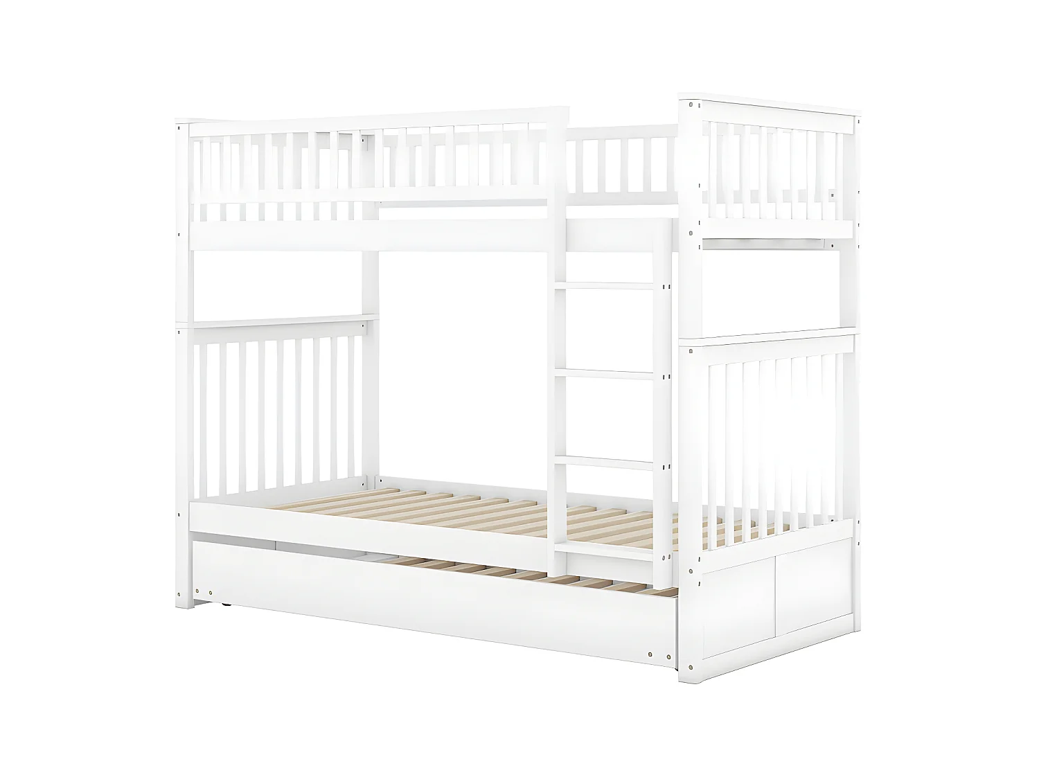 Lit superposé 2x90x200cm avec un lit gigogne 90x190cm - avec garde-corps et escalier - Blanc