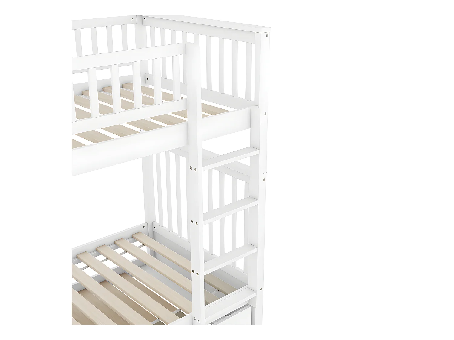 Lit superposé 2x90x200cm avec un lit gigogne 90x190cm - avec garde-corps et escalier - Blanc