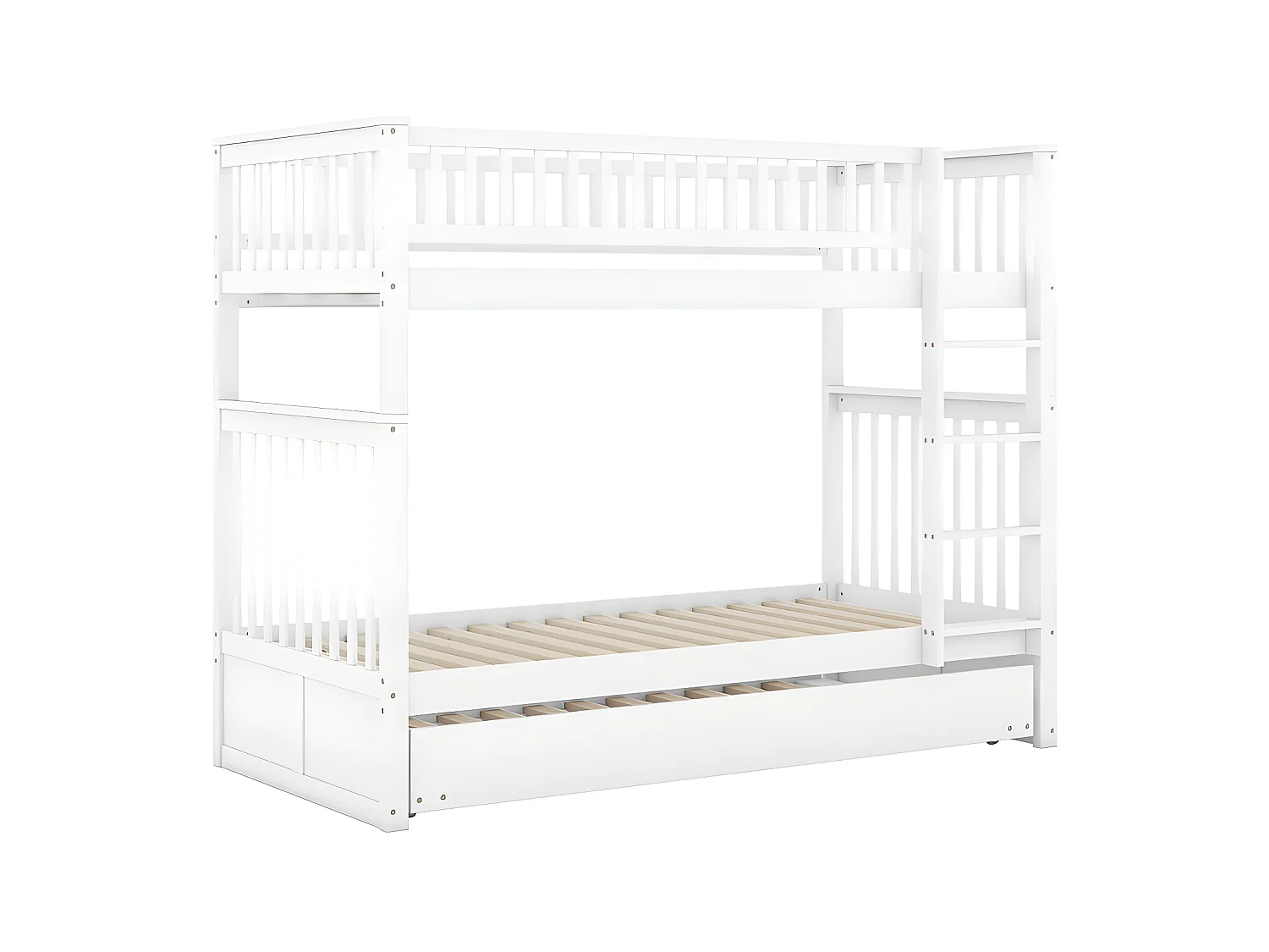 Lit superposé 2x90x200cm avec un lit gigogne 90x190cm - avec garde-corps et escalier - Blanc