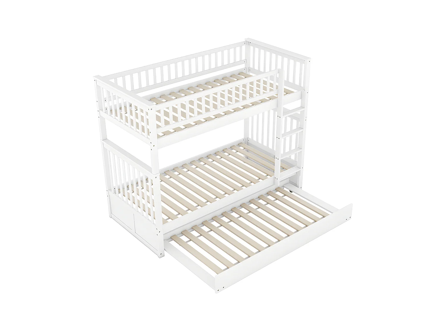 Lit superposé 2x90x200cm avec un lit gigogne 90x190cm - avec garde-corps et escalier - Blanc