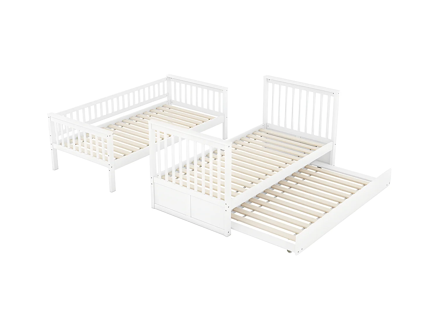 Lit superposé 2x90x200cm avec un lit gigogne 90x190cm - avec garde-corps et escalier - Blanc
