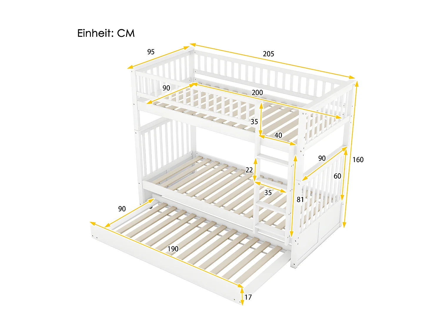 Lit superposé 2x90x200cm avec un lit gigogne 90x190cm - avec garde-corps et escalier - Blanc