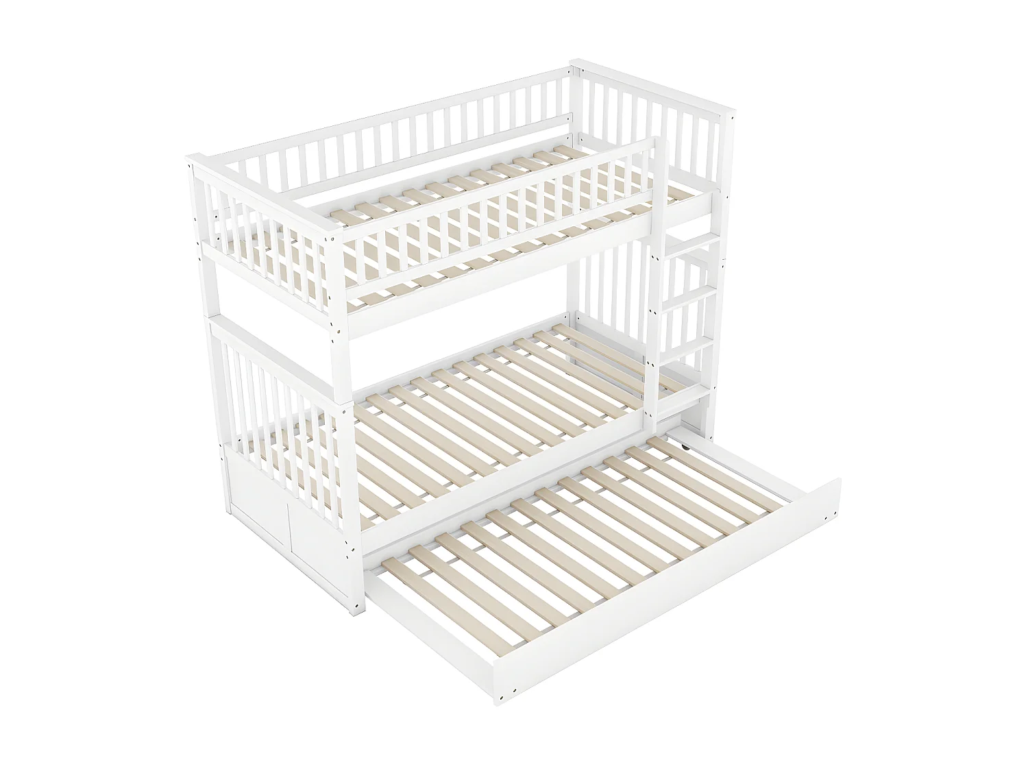 Lit superposé 2x90x200cm avec un lit gigogne 90x190cm - avec garde-corps et escalier - Blanc