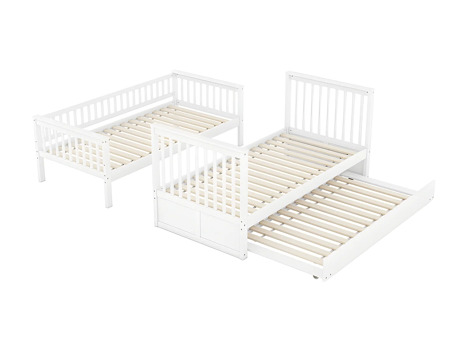 Lit superposé 2x90x200cm avec un lit gigogne 90x190cm - avec garde-corps et escalier - Blanc