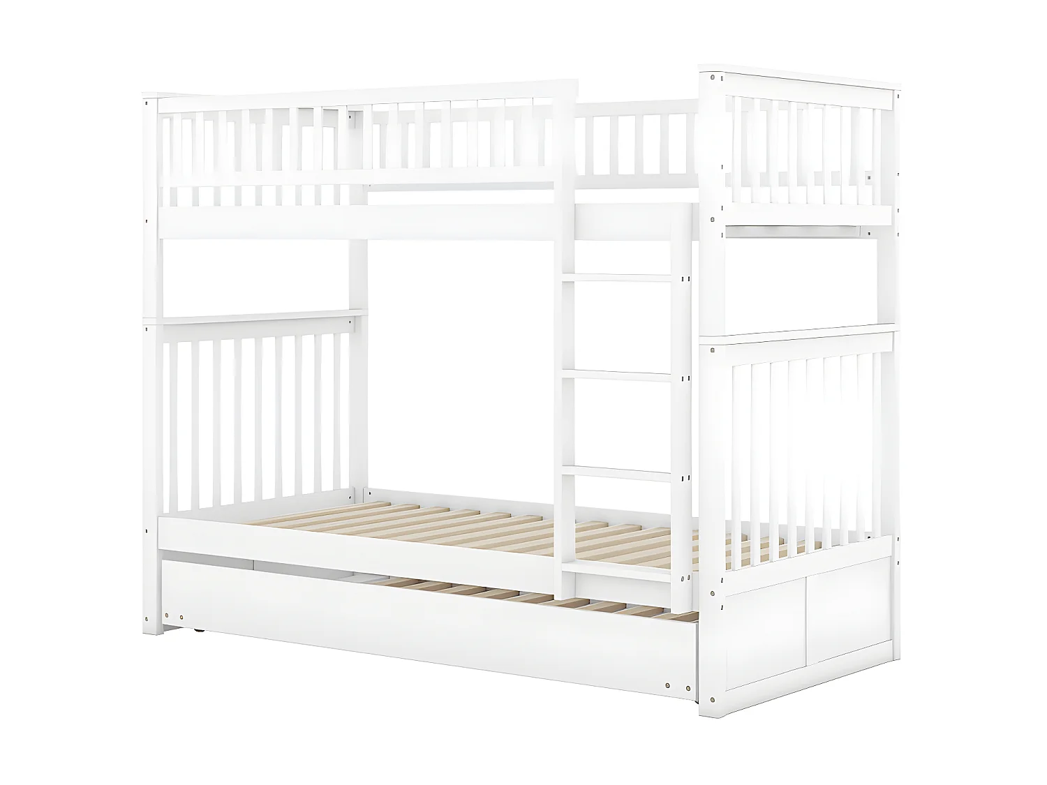 Lit superposé 2x90x200cm avec un lit gigogne 90x190cm - avec garde-corps et escalier - Blanc