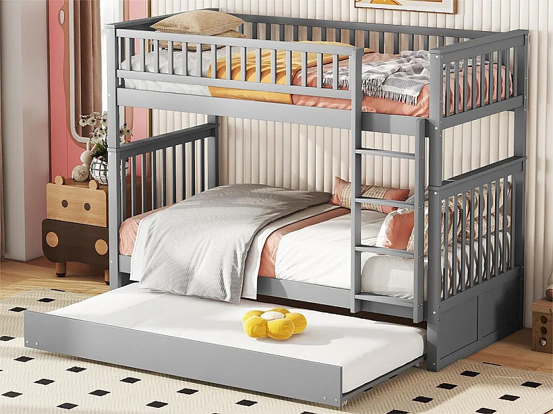 Etagenbett 2x90x200cm mit Ausziehbett 90x190cm – mit Geländer und Treppe – Grau