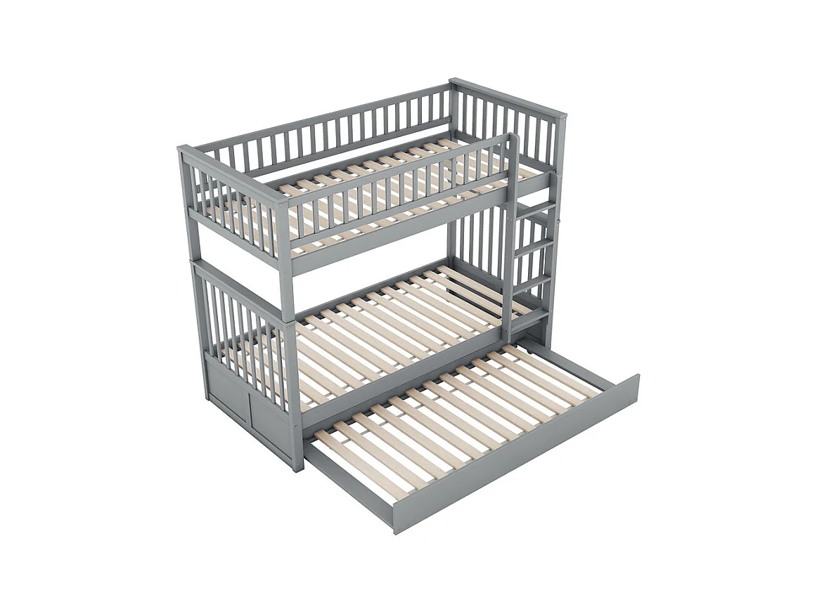 Lit superposé 2x90x200cm avec un lit gigogne 90x190cm - avec garde-corps et escalier - Gris