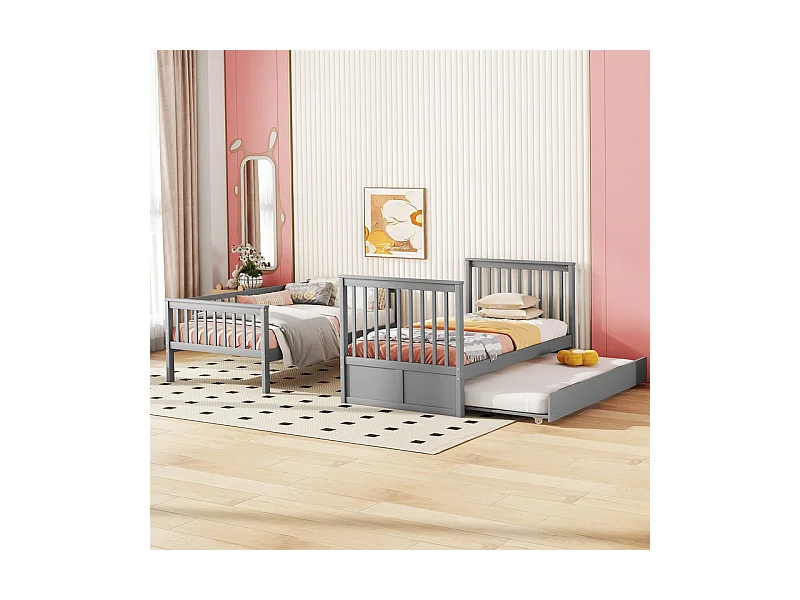 Lit superposé 2x90x200cm avec un lit gigogne 90x190cm - avec garde-corps et escalier - Gris