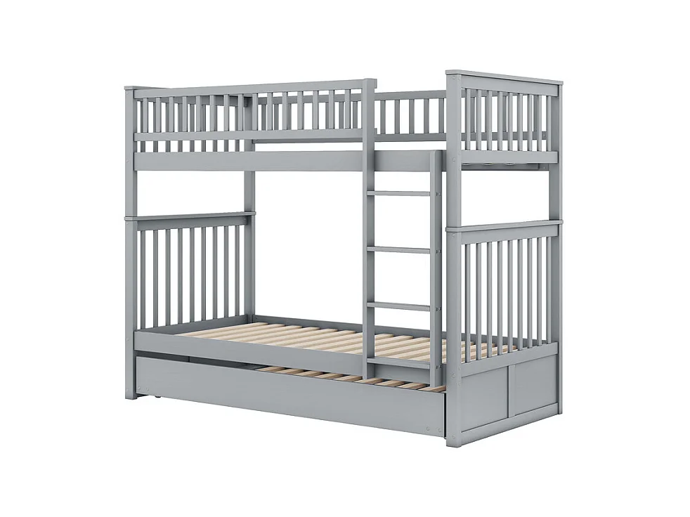 Lit superposé 2x90x200cm avec un lit gigogne 90x190cm - avec garde-corps et escalier - Gris