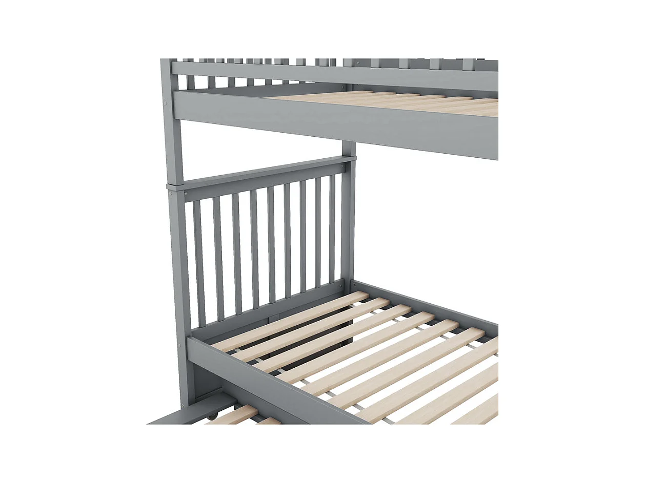 Lit superposé 2x90x200cm avec un lit gigogne 90x190cm - avec garde-corps et escalier - Gris