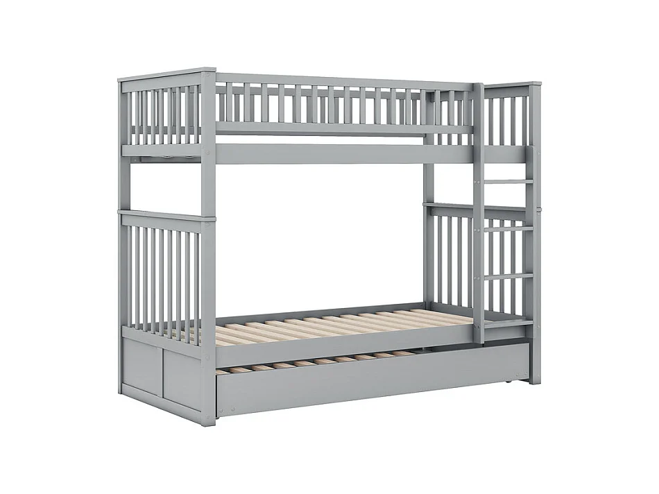 Lit superposé 2x90x200cm avec un lit gigogne 90x190cm - avec garde-corps et escalier - Gris