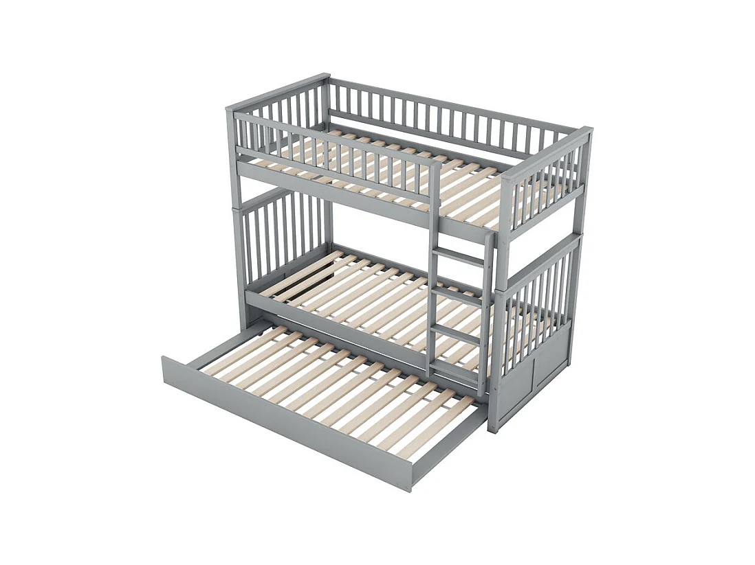 Lit superposé 2x90x200cm avec un lit gigogne 90x190cm - avec garde-corps et escalier - Gris