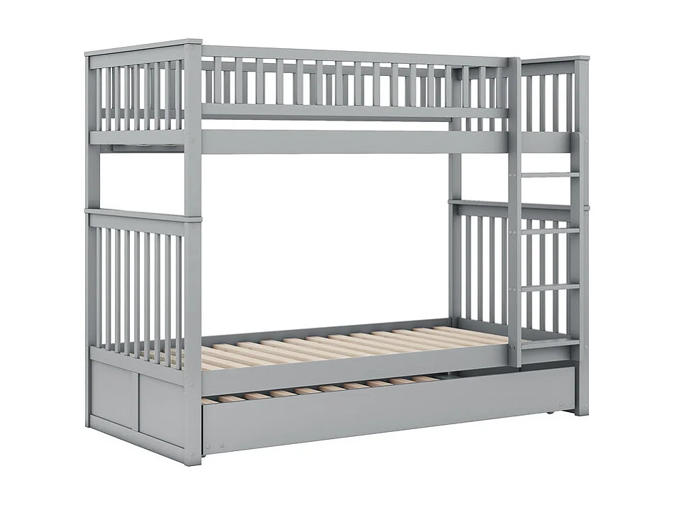 Lit superposé 2x90x200cm avec un lit gigogne 90x190cm - avec garde-corps et escalier - Gris