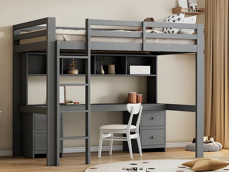 Letto a soppalco 90x200 cm - con scrivania e 2 cassettiere - in pino massiccio e MDF - Grigio