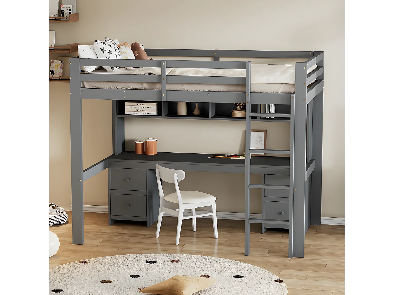 Cama entresuelo 90x200 cm - con escritorio y 2 cómodas - de pino macizo y MDF - Gris