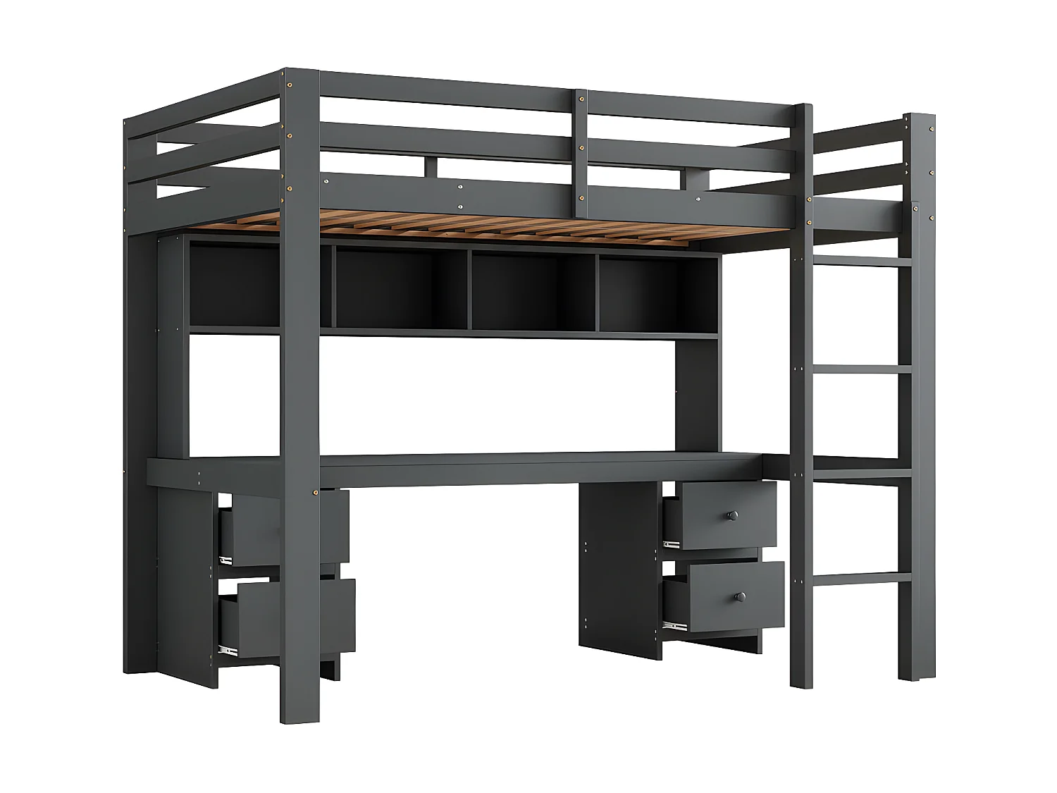 Cama entresuelo 90x200 cm - con escritorio y 2 cómodas - de pino macizo y MDF - Gris