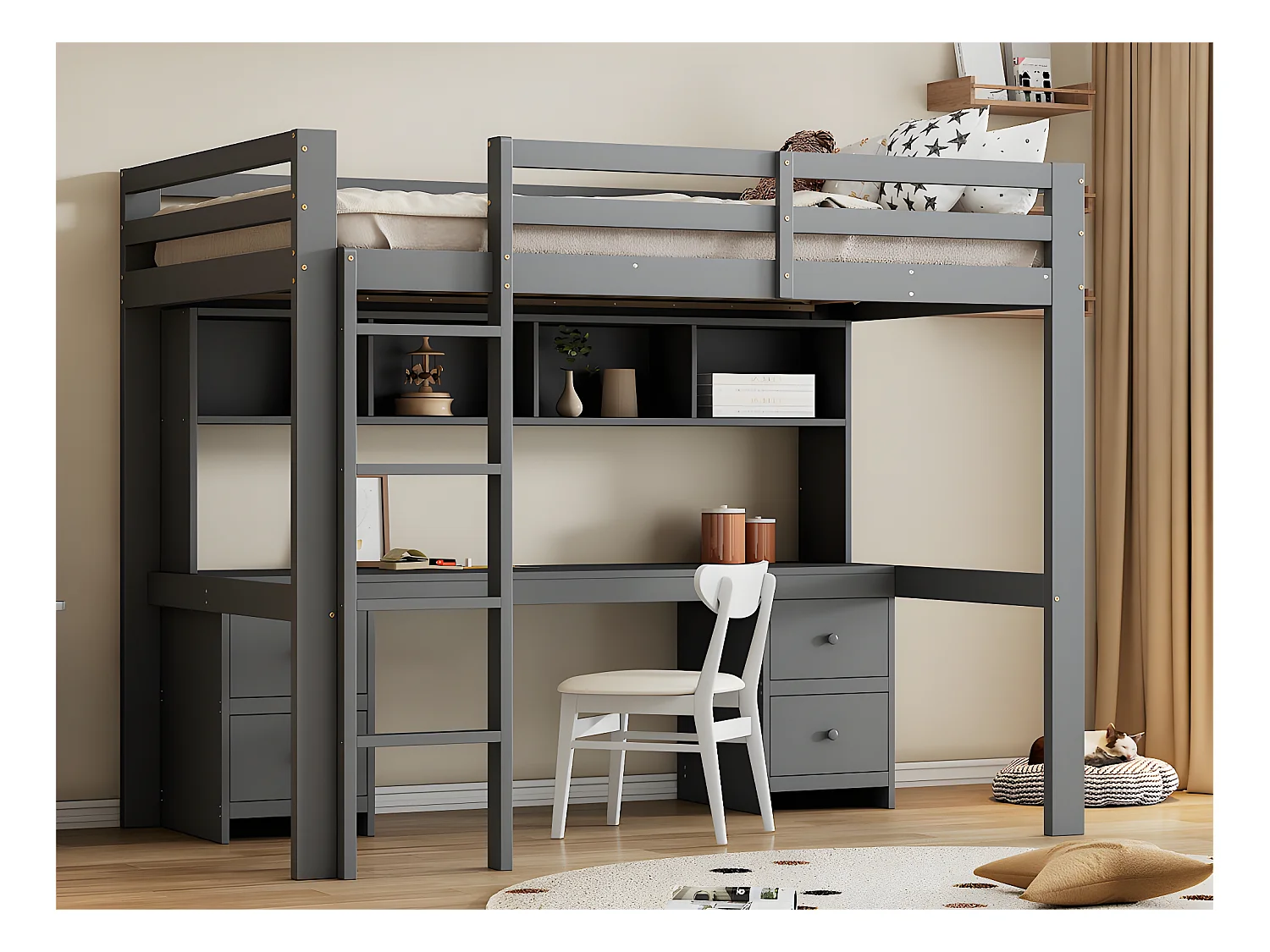 Lit mezzanine 90x200cm - avec bureau et 2 commodes - en pin massif et MDF - Gris