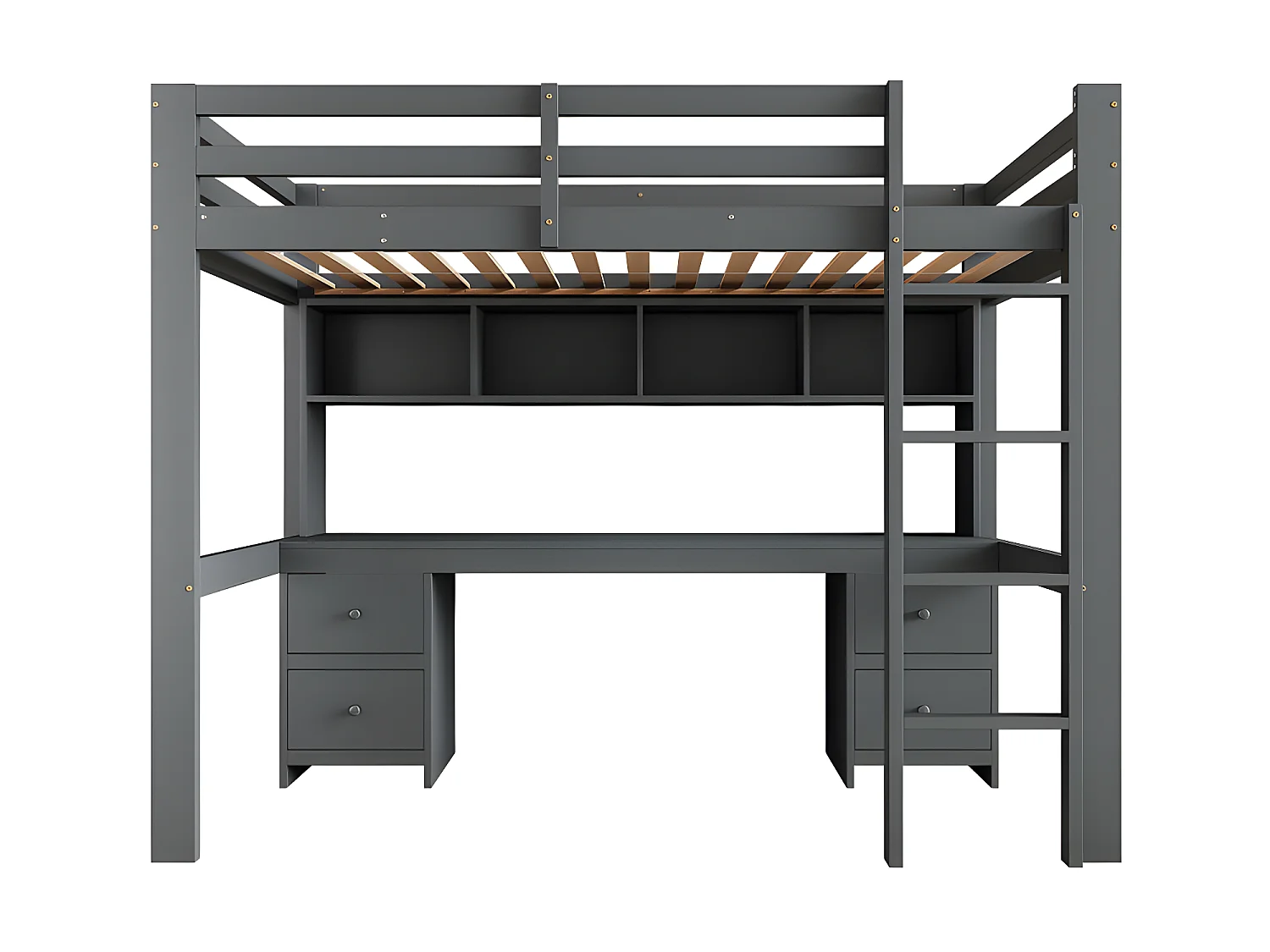 Mezzaninebed 90x200cm - met bureau en 2 ladekasten - in massief grenen en MDF - Grijs