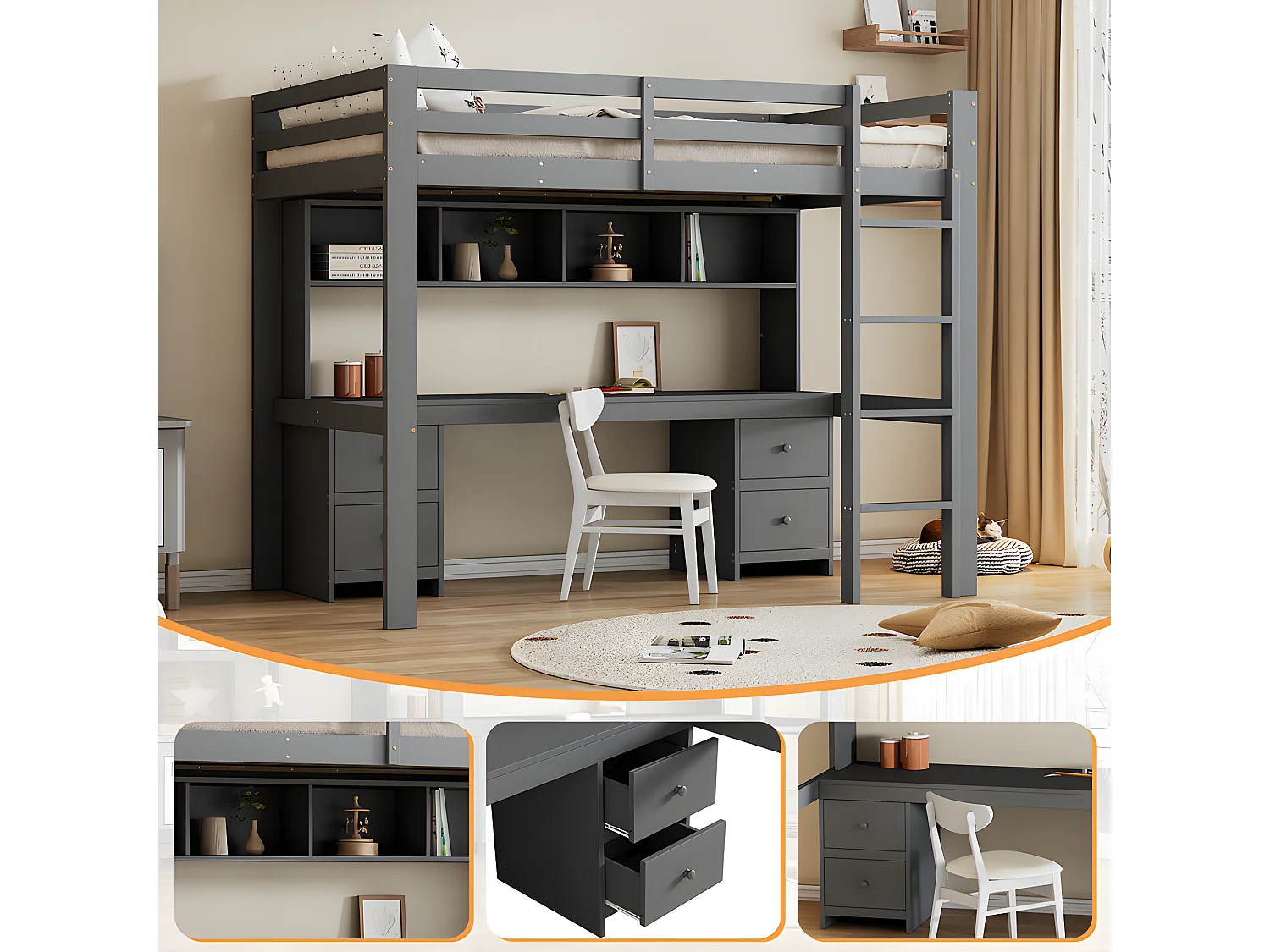 Lit mezzanine 90x200cm - avec bureau et 2 commodes - en pin massif et MDF - Gris