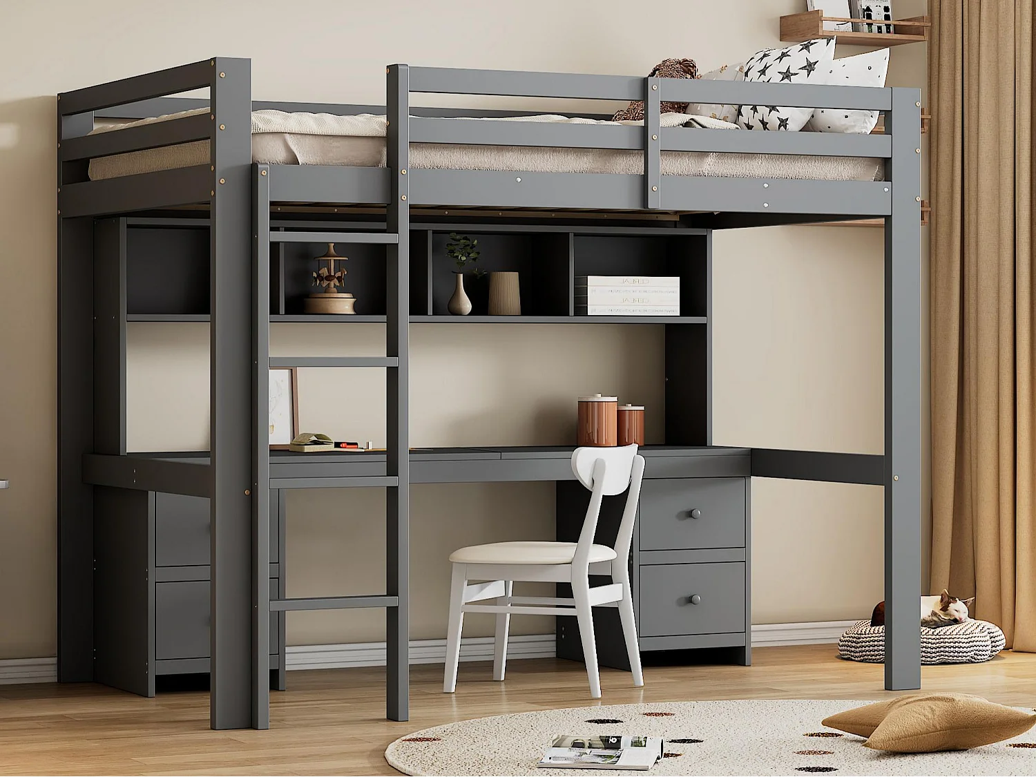 Lit mezzanine 90x200cm - avec bureau et 2 commodes - en pin massif et MDF - Gris