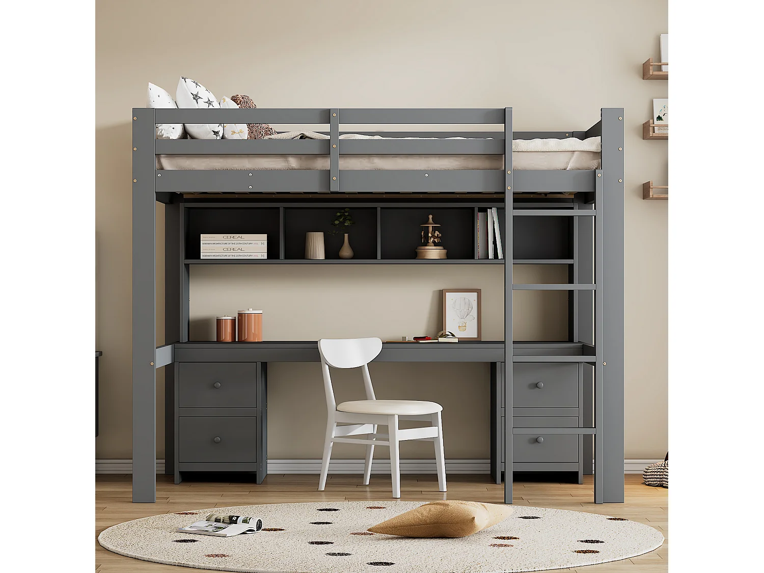 Lit mezzanine 90x200cm - avec bureau et 2 commodes - en pin massif et MDF - Gris