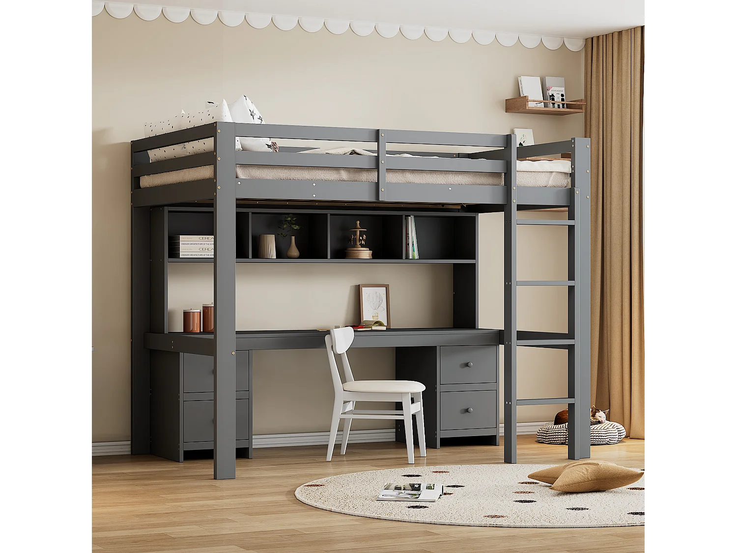 Lit mezzanine 90x200cm - avec bureau et 2 commodes - en pin massif et MDF - Gris