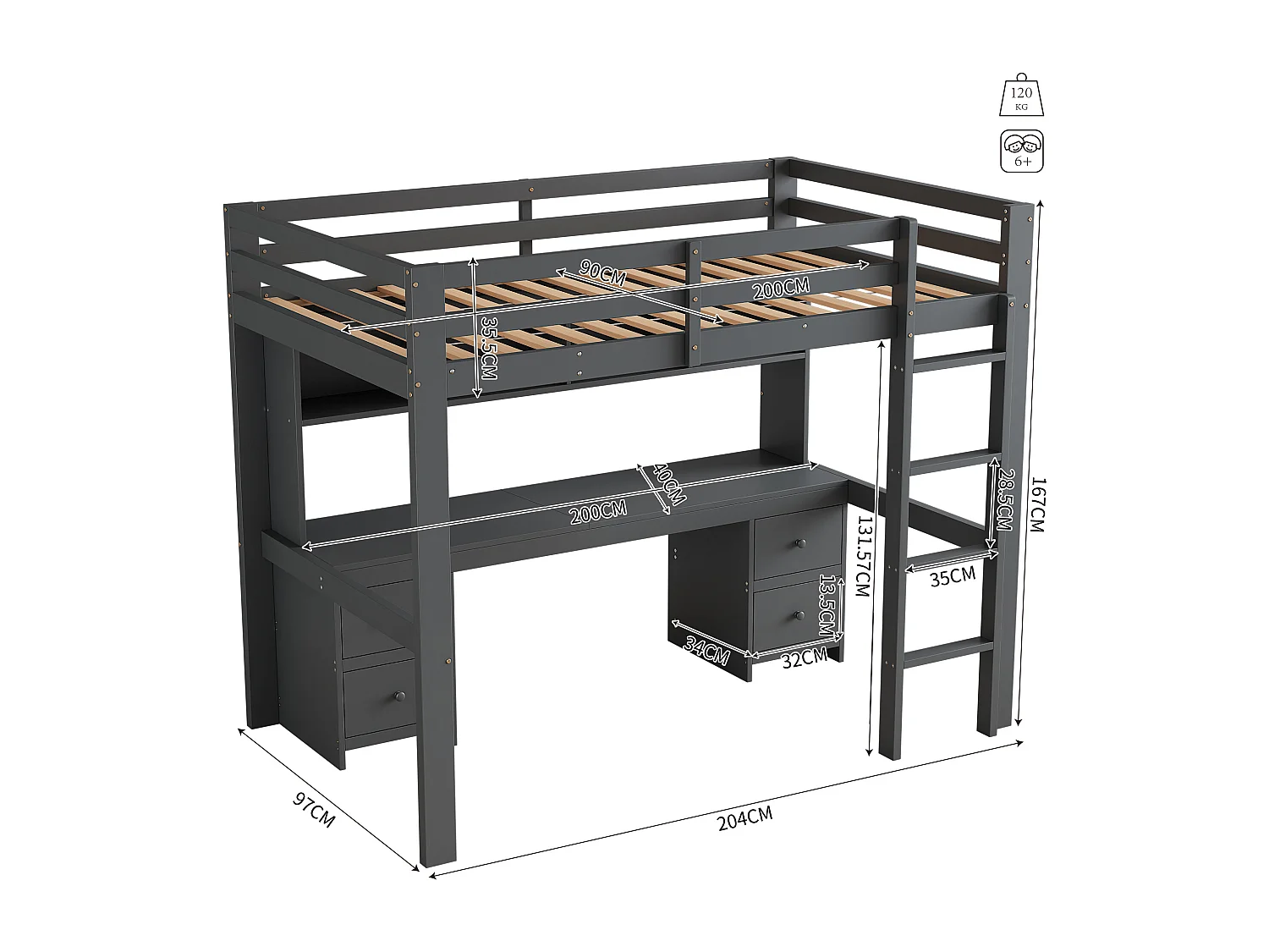 Lit mezzanine 90x200cm - avec bureau et 2 commodes - en pin massif et MDF - Gris