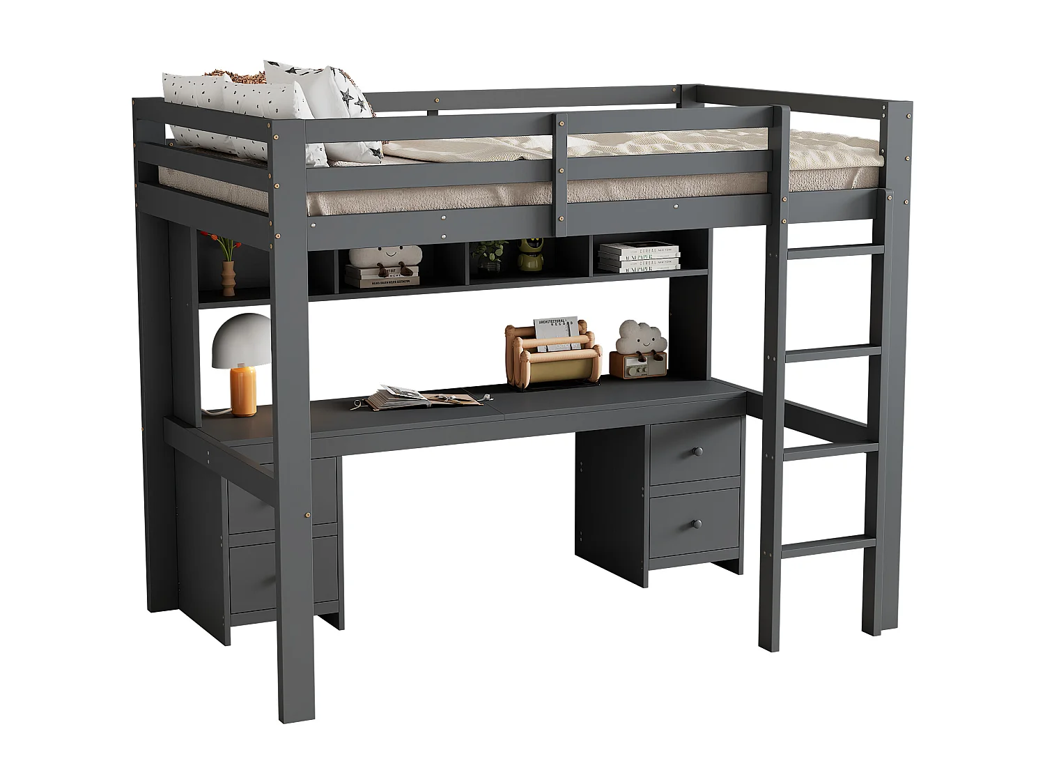 Lit mezzanine 90x200cm - avec bureau et 2 commodes - en pin massif et MDF - Gris