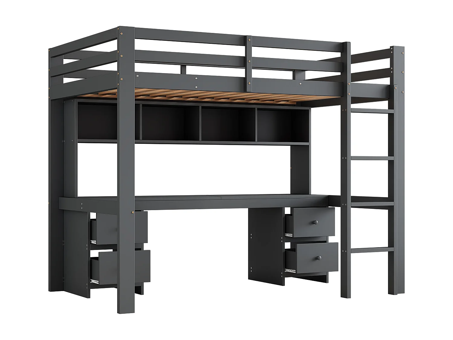 Lit mezzanine 90x200cm - avec bureau et 2 commodes - en pin massif et MDF - Gris