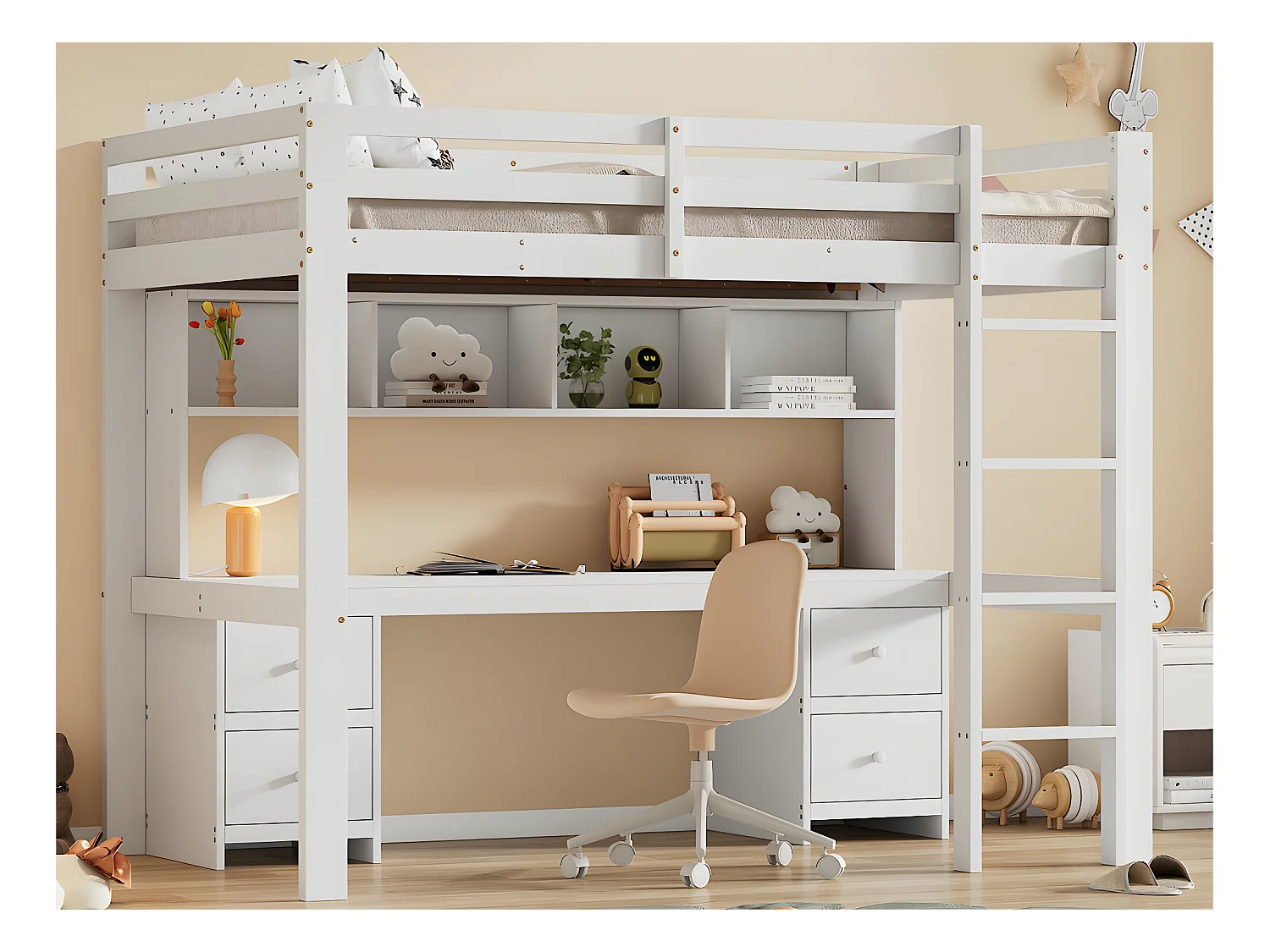 Lit mezzanine 90x200cm - avec bureau et 2 commodes - en pin massif et MDF - Blanc