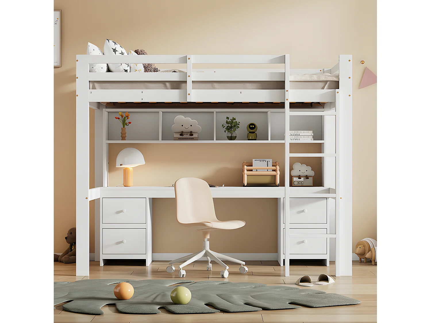 Lit mezzanine 90x200cm - avec bureau et 2 commodes - en pin massif et MDF - Blanc