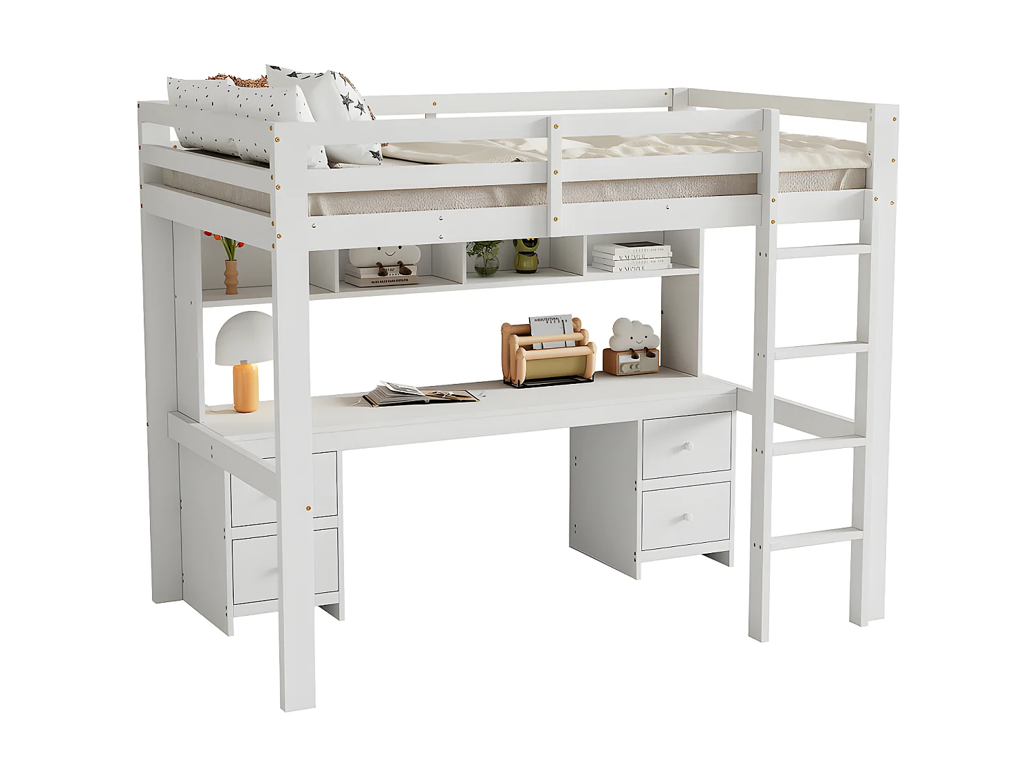 Lit mezzanine 90x200cm - avec bureau et 2 commodes - en pin massif et MDF - Blanc