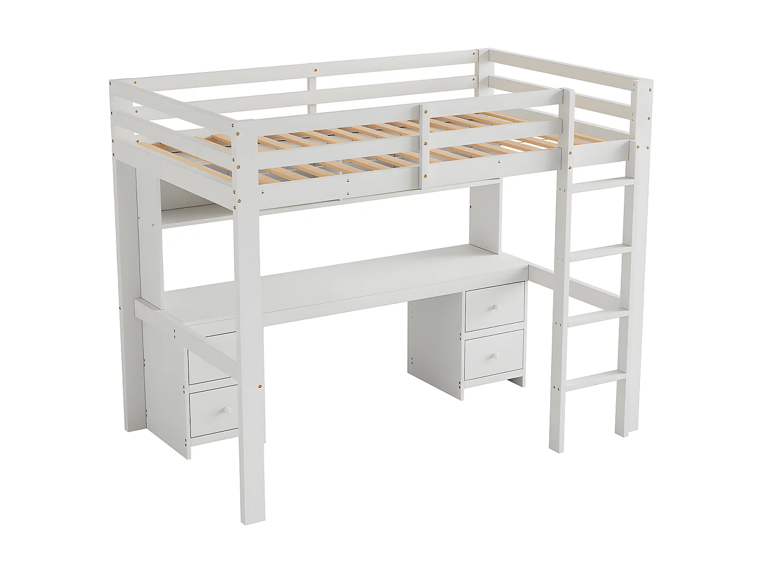 Lit mezzanine 90x200cm - avec bureau et 2 commodes - en pin massif et MDF - Blanc