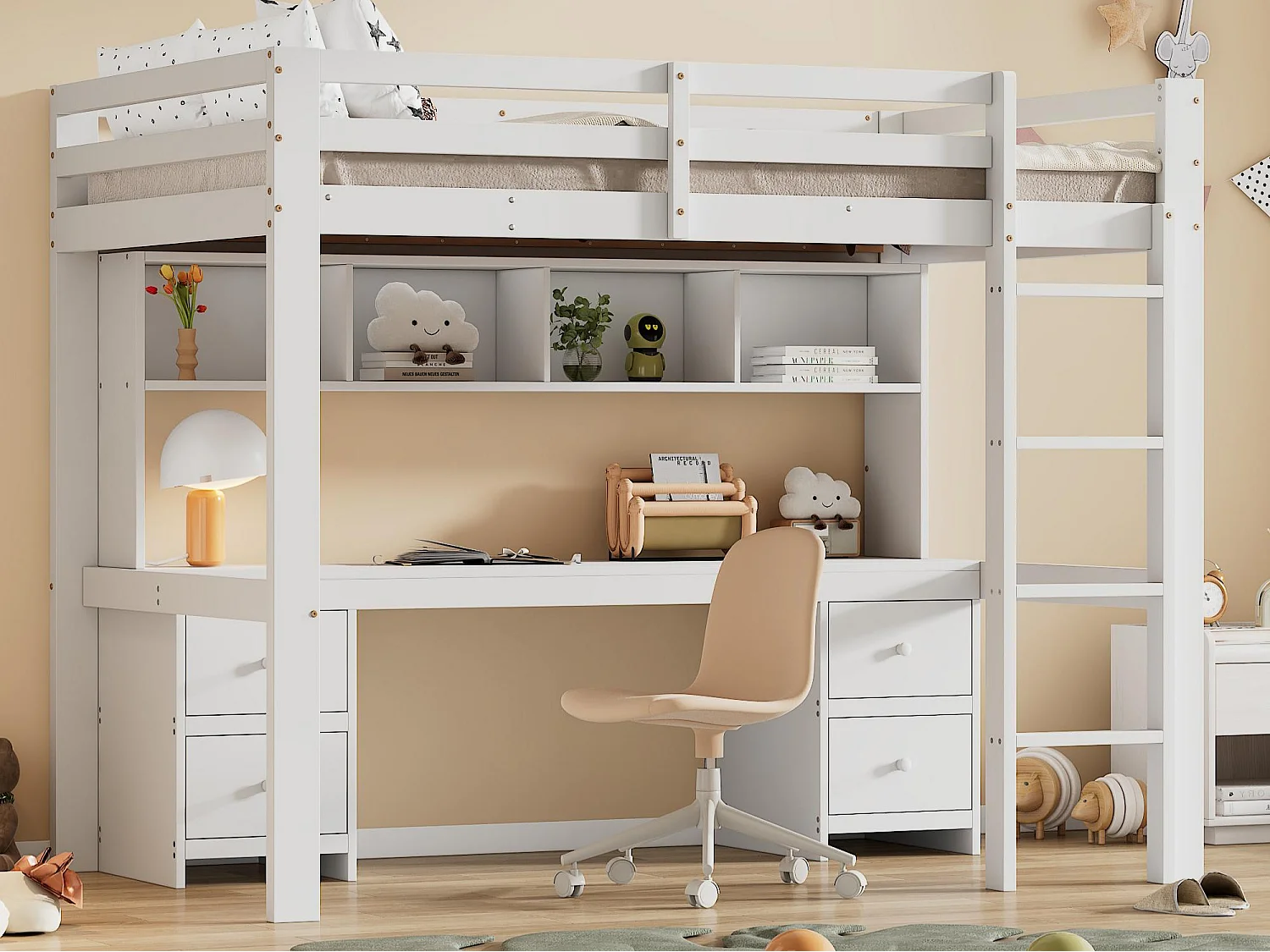 Lit mezzanine 90x200cm - avec bureau et 2 commodes - en pin massif et MDF - Blanc