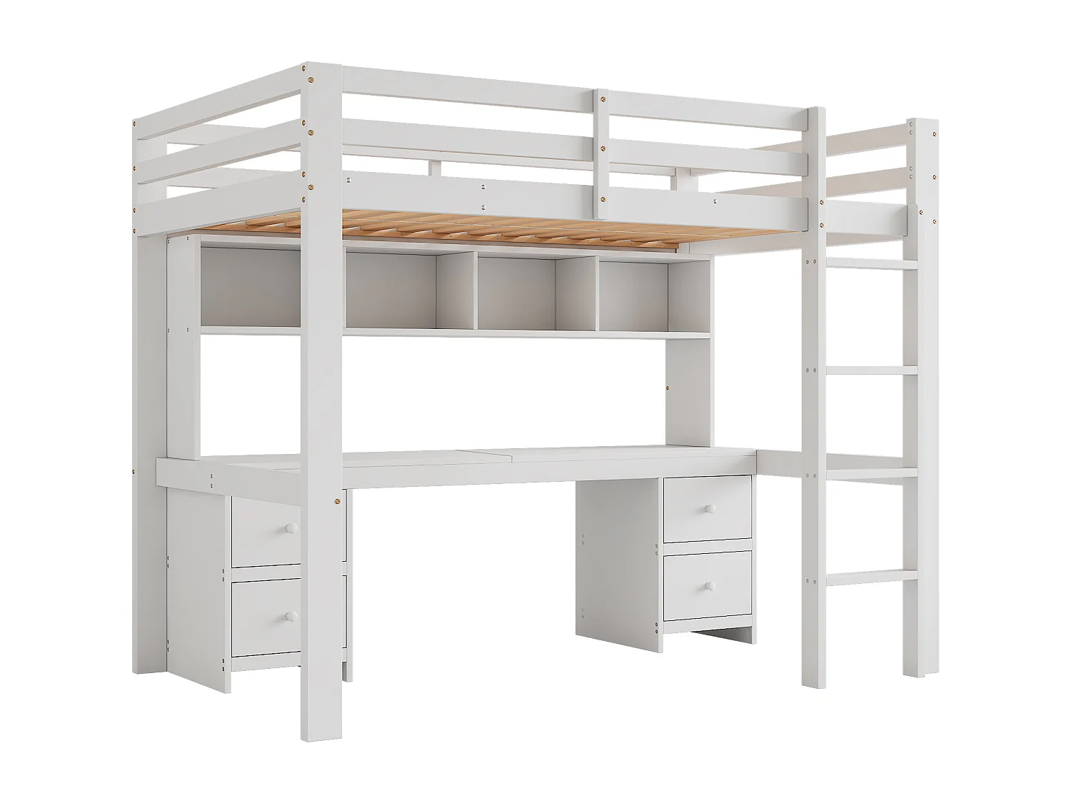 Lit mezzanine 90x200cm - avec bureau et 2 commodes - en pin massif et MDF - Blanc